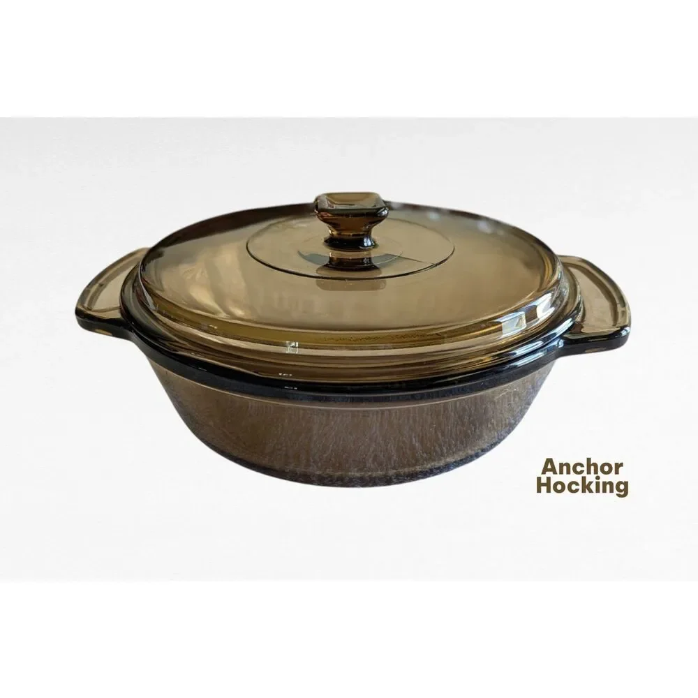 Vtg Anchor Hocking 1.5-quart amber glass casserole dish w/lid